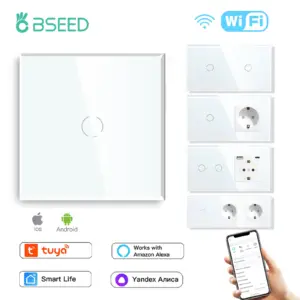 BSEED Wifi Touch Swithces Wall Light Switch With EU Socket USB Type-C Plugs Tuya Smart Life Alexa Yandex App Control Glass Panel