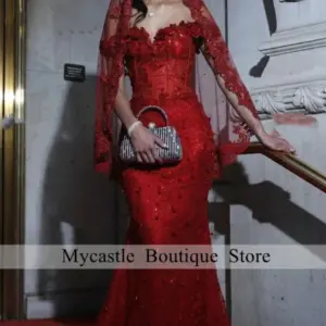 Bespoke Red Prom Dress 2026 With Veil Luxury For Black Girl Matric Dance Crystal Party Dress Mermaid Evening Gowns Customized