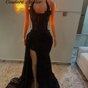 Black Stones Prom Dresses Blackgirls High Split Mermaid Evening Party Gowns Customized Exuqisite Strapless vestidos de gala