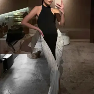 Black White Ruffles Women Prom Dress Sexy Elegant High Neck Sleeveless Backless Long Party Gown Autumn Fall Casual Birthday Robe