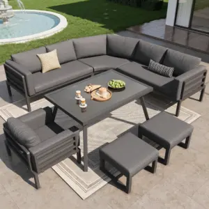 Crescent Shaped Garden Sofa Set for 8 People,Robust Iron Frame,Complete with Glass Table, 1 Armchair & 2 Stools,Weatherproof