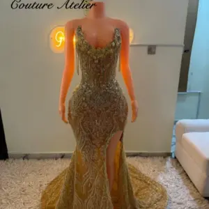 Gold Stones Strapless Prom Dresses For Blackgirls 2027 High Split Wedding Birthday Luxury Dress Tassel New In Customized