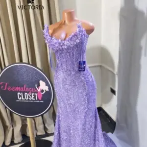 Light Purple Strapless 3D Floral Tassel Mermaid Prom Dress Beaded Lace Formal Evening Party Gown Customized