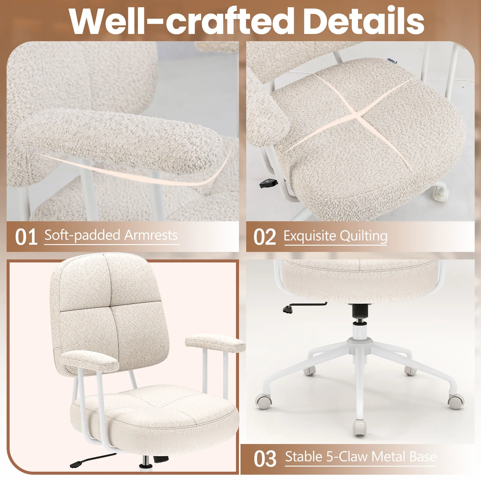 Silla de oficina, silla giratoria ergonómica con reposabrazos y ruedas, silla de ordenador, acolchada, regulable en altura, silla de escritorio