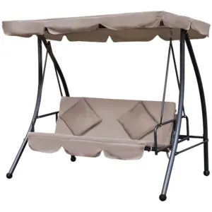 Outdoor 2-in-1 Swing Chair Lounger 3 Seater Garden Swing Seat Bed Convertible Tilt Canopy W/ Cushion, Beige