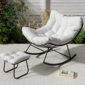 Oversized Swing Chair, Exterior Egg Shaped Swing Chair w/ Footrests, Thick Cushion for Indoor Outdoor Living Room Garden Terrace