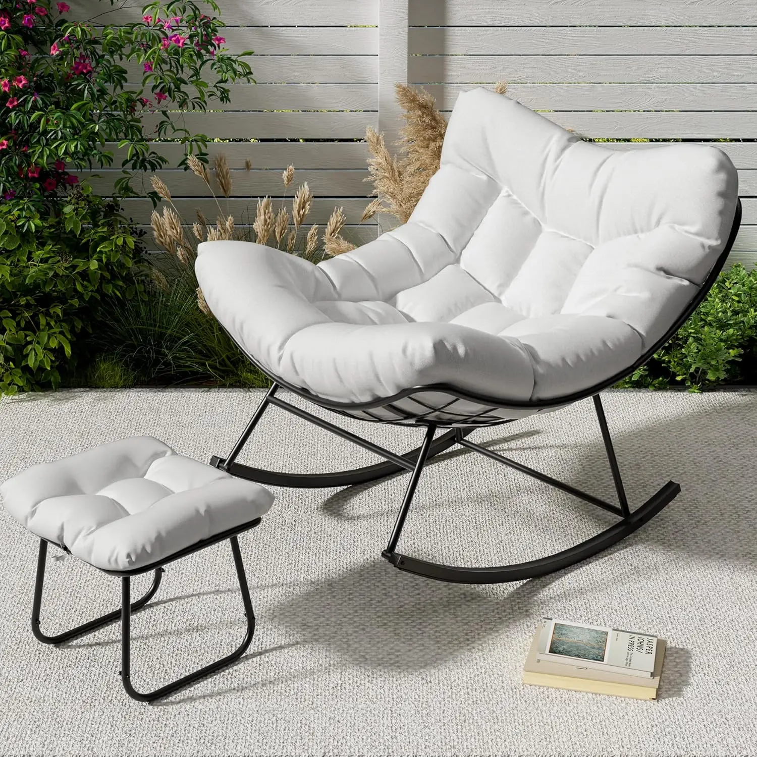 Oversized Swing Chair, Exterior Egg Shaped Swing Chair w/ Footrests, Thick Cushion for Indoor Outdoor Living Room Garden Terrace
