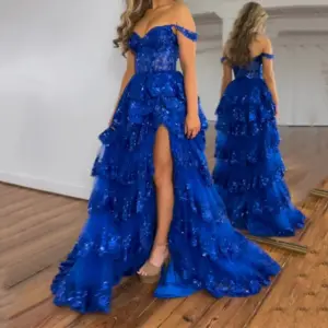 RFYR Glitter Royal Blue Prom Dress Exquisite Tiered Layer Party Dress High Split Off Shoulder فساتين مناسبة رسميةCustomized