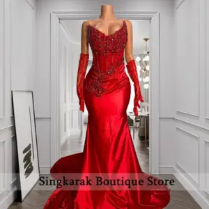 Red Long Prom Dresses For Black Girls 2026 Luxury Bead Crystal Lace-Up Birthday Party Evening Gowsn With Gloves Customized